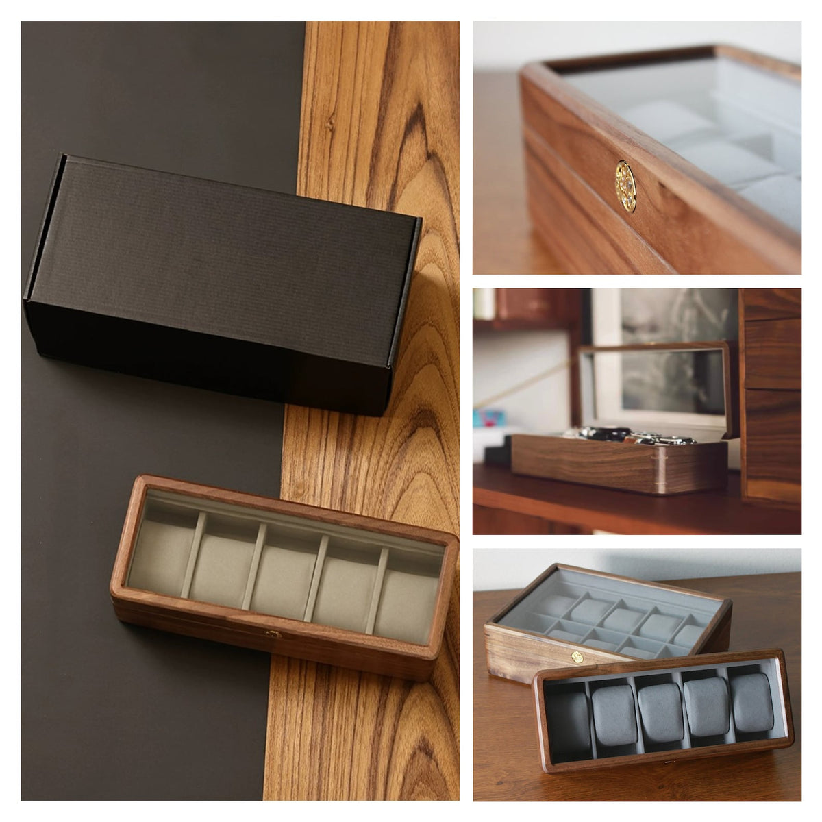 Glass Top Walnut Wood Watch Box: Vintage Jewelry Storage Container, 3 5 10 Slots Functional Holder