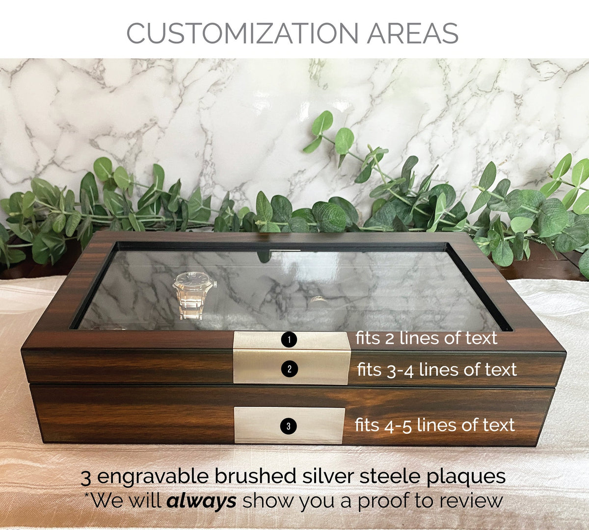 Custom Engraved 6 Slot Watch Box: mens watch display case with accessory storage, gift for him, watch collector case, mens jewelry box