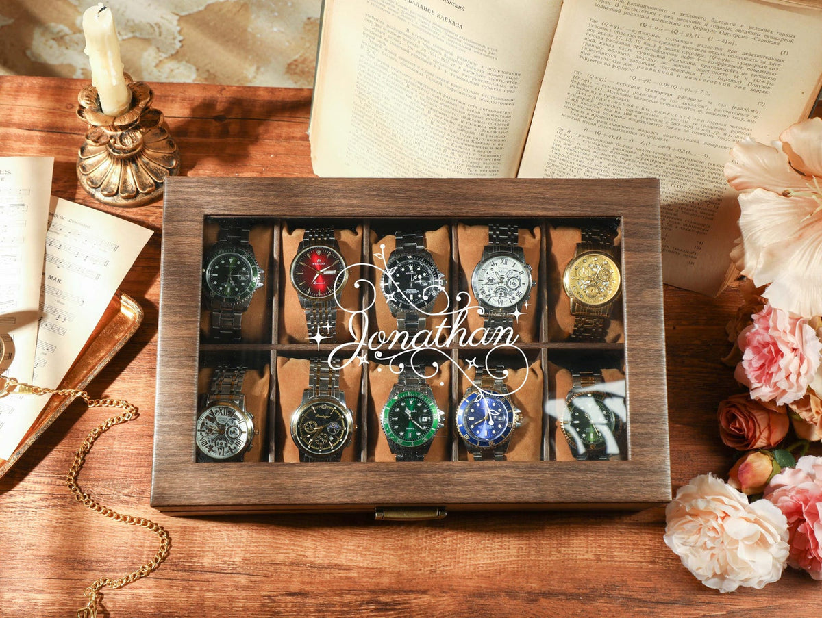 Custom Travel Watch Case, Personalized Watch Box for Men, Watch Box With Name, Brown PU Leather Watch Box for 10 slot Watches,Christmas Gift