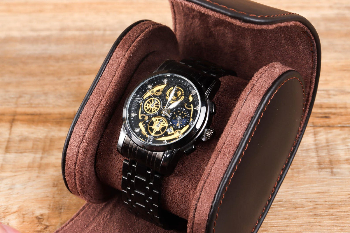 Custom Dark Brown Genuine Leather Watch Case / Travel Watch Box for Men / Personalised Watch Roll Storage Holder | Father's Day Gift