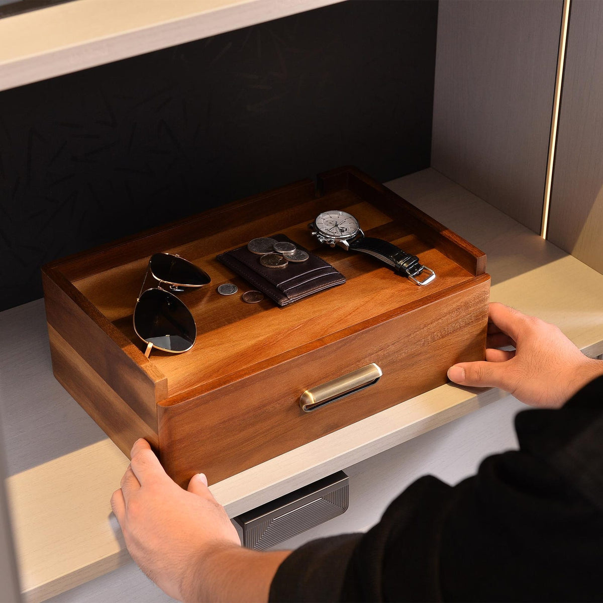Mens Valet Box Personalized Anniversary Gifts for Him Engraved Wood Watch Box with Drawer Nightstand Organizer for Men Fathers Day Gift