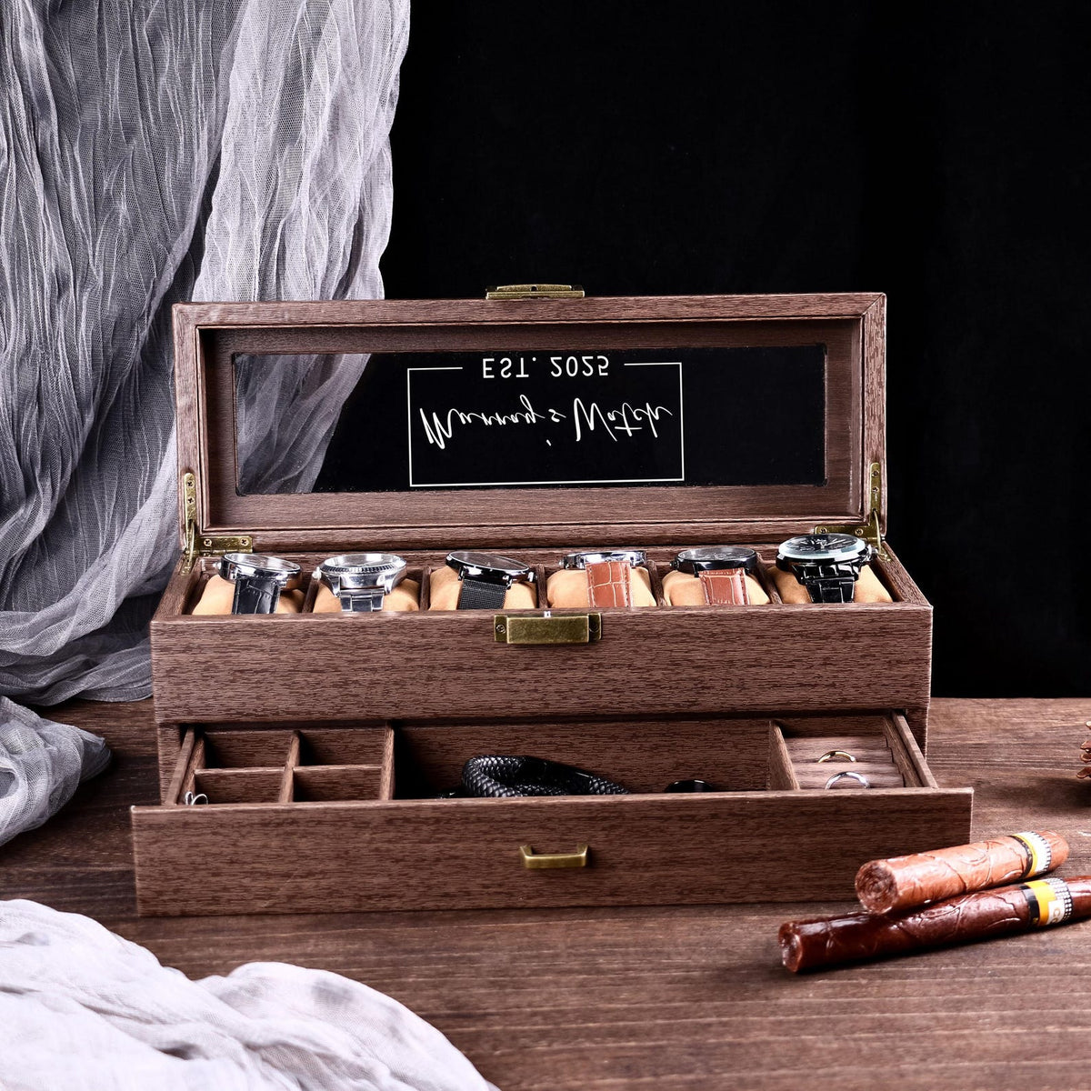 Custom Engraved 2 layer 6 Slot Leather Watch Box | Gift for Dad Birthday Gift for Men Anniversary Gift | Personalized Watch Storage Case