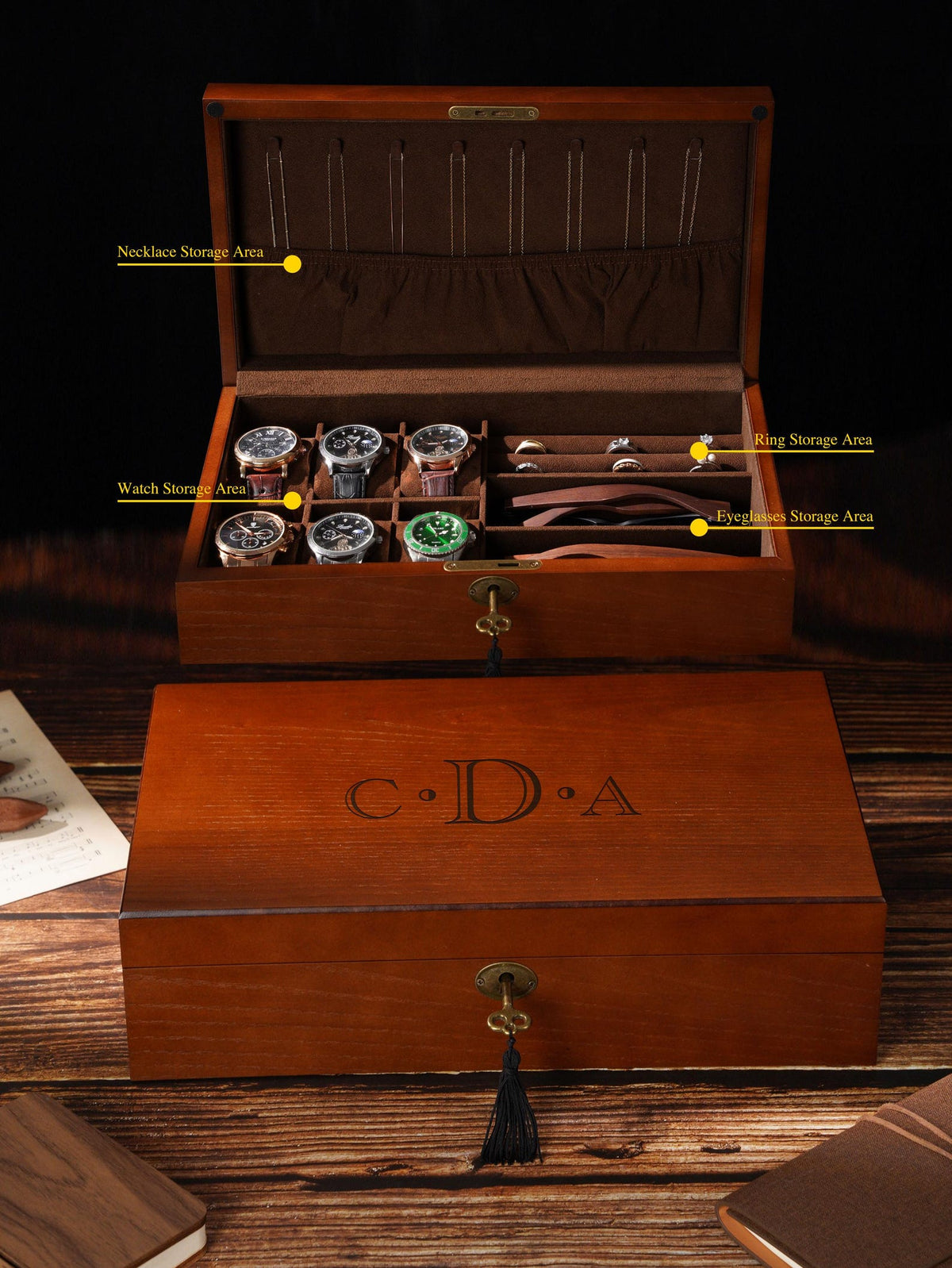 Personalized Wooden Watch Box with Glass Lid – Engraved Monogram Display Case, Luxury Organizer for Watches & Jewelry, Valentine's Day gift