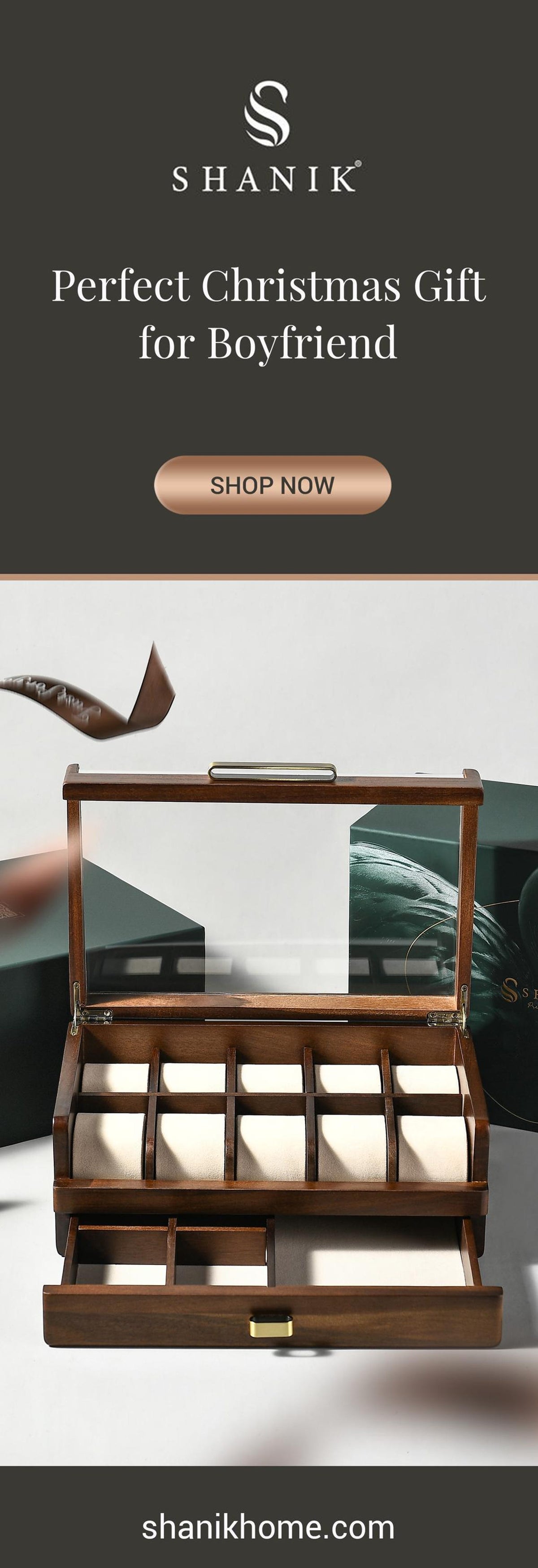 Premium Engraved Collector’s Watch Display Case Christmas Gift for Him Acacia Office Desk Watch Storage Organizer for Workspace