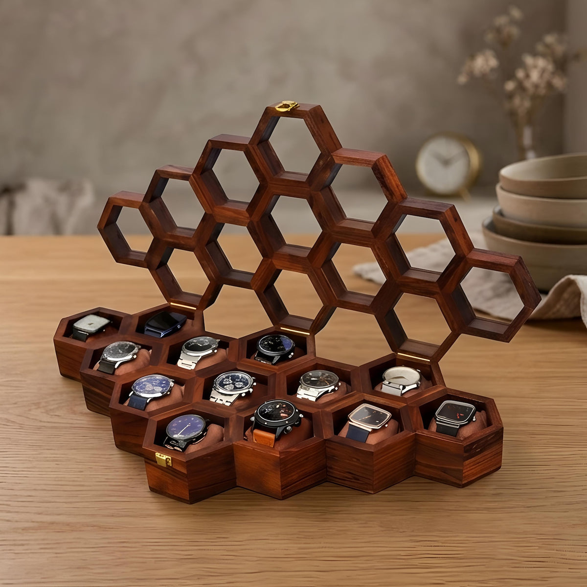Vintage Watch Box for Men, Wooden Watch Storage Organizer, Display Case, Jewelry Box for Women - Honeycomb Shape, 11 Slots