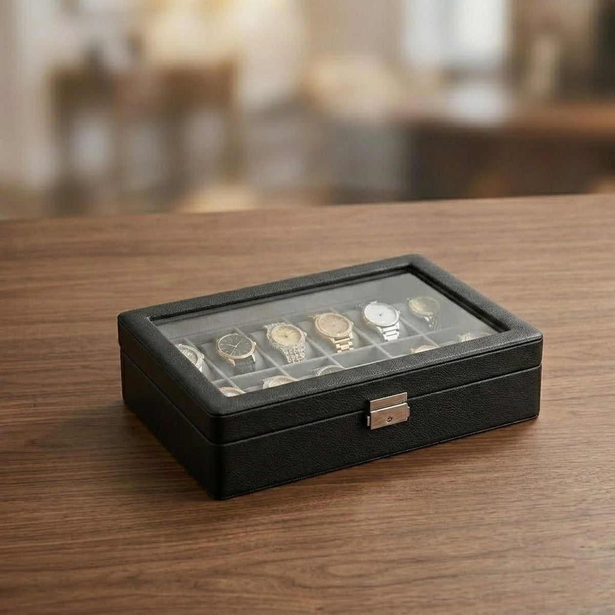 12 Slot Watch Storage Box with Glass Lid – Dustproof Watch Display Case