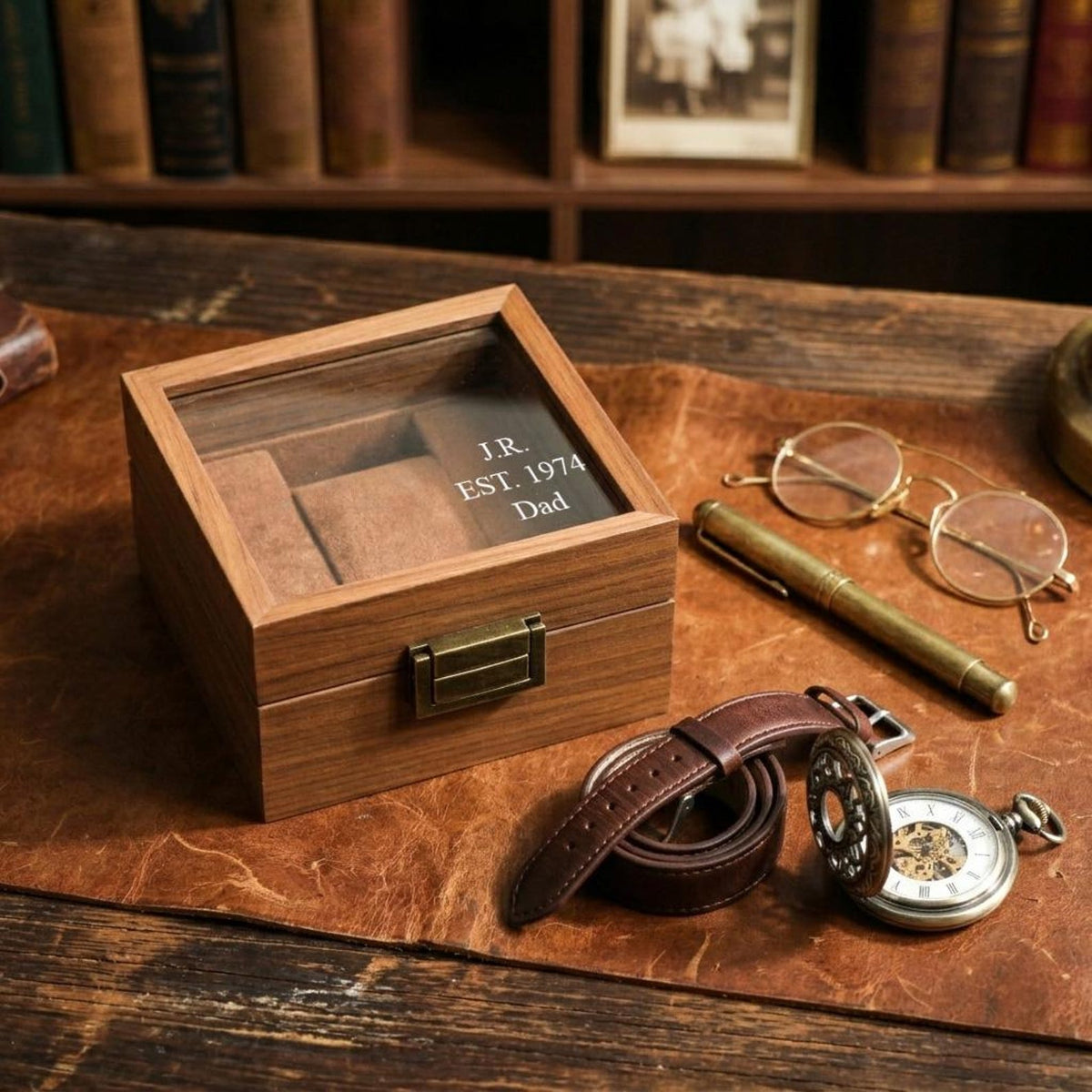Personalized Wood Watch Box for Dad, Custom Engraved Glass Jewelry Case, Father's Day Gift, Mens Anniversary Gift, Heritage Watch Organizer