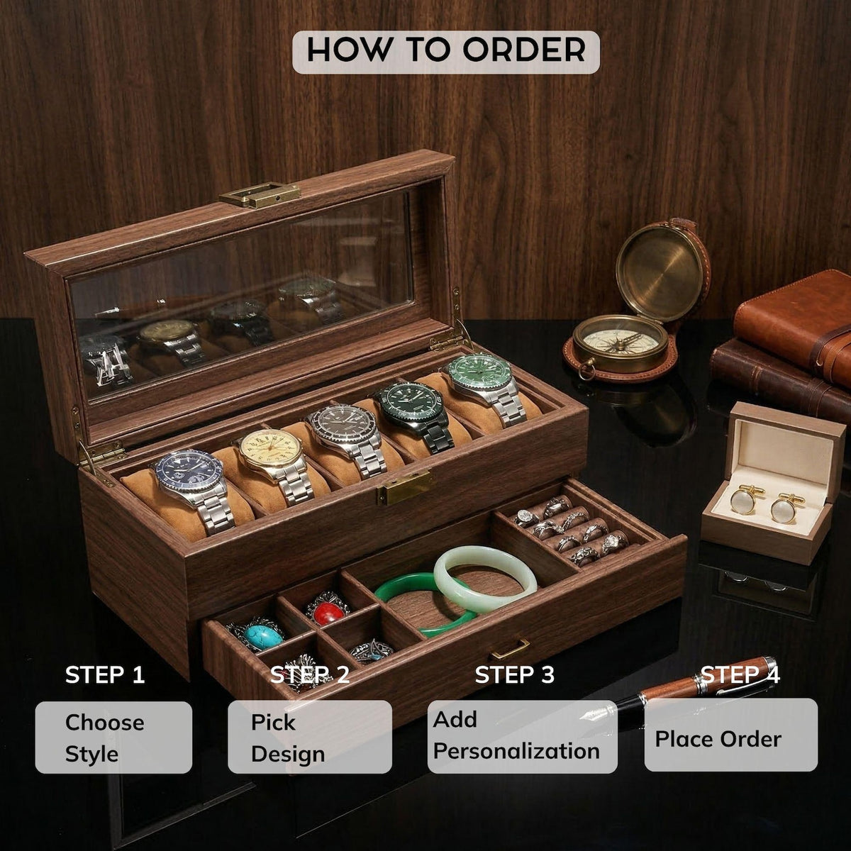Personalized Watch Box for Men, Engraved Wooden Watch Case, Custom Gift for Him, Groomsmen Watch Organizer, Father's Day Gift