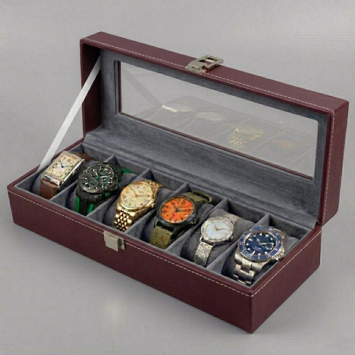 6 Slot Leather Watch Box Organizer, Glass Top Display Storage Case