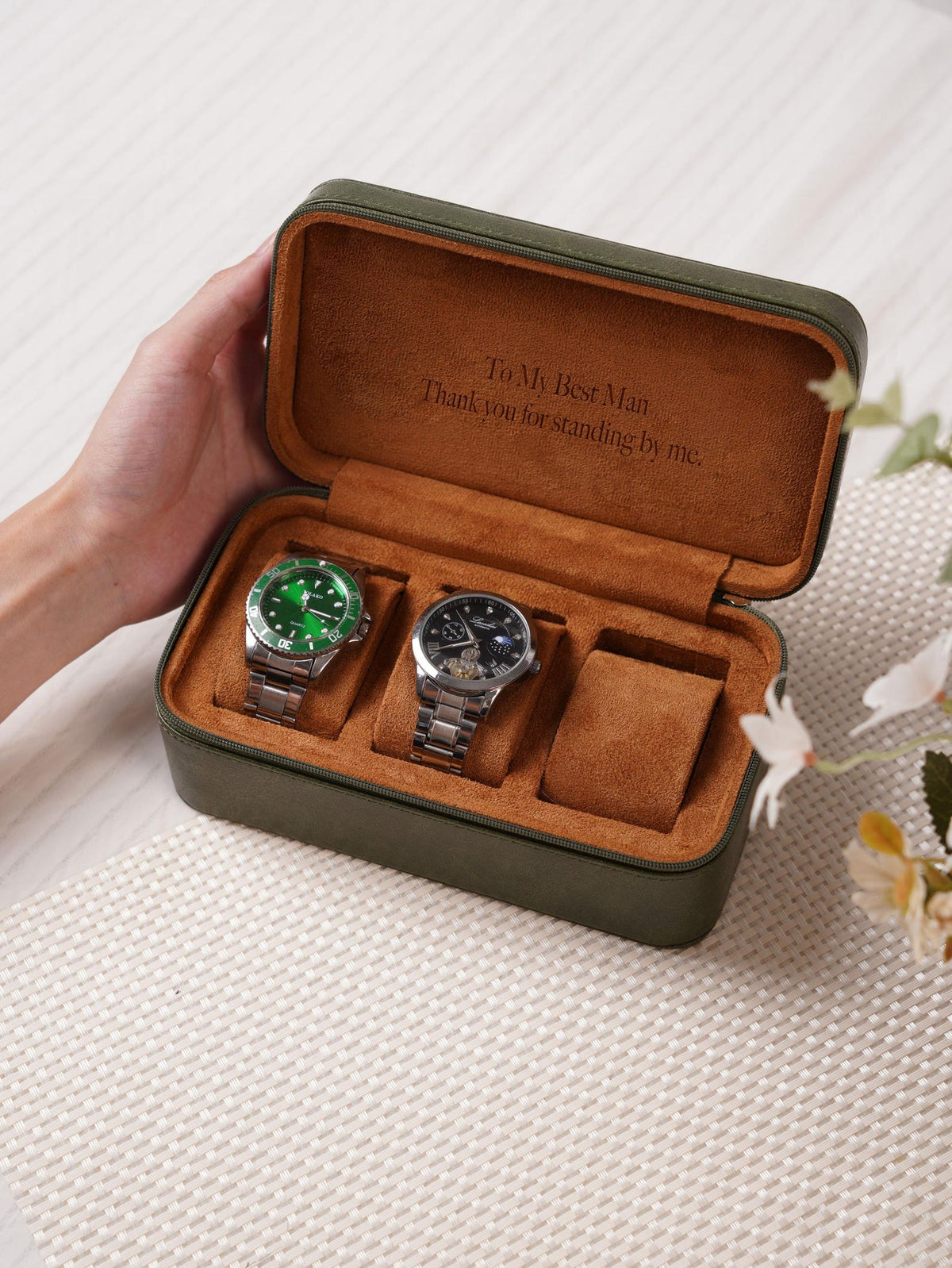 Custom 3 Watch Travel Case for Men, Personalized Watch Box with Foil Initials & Inside Engraving, Groom Husband Dad Gift