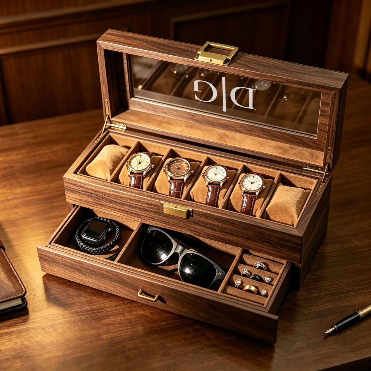 Custom Engraved Watch Box – Double Layer Jewelry Organizer, Vintage Style Storage ,Gift For Him
