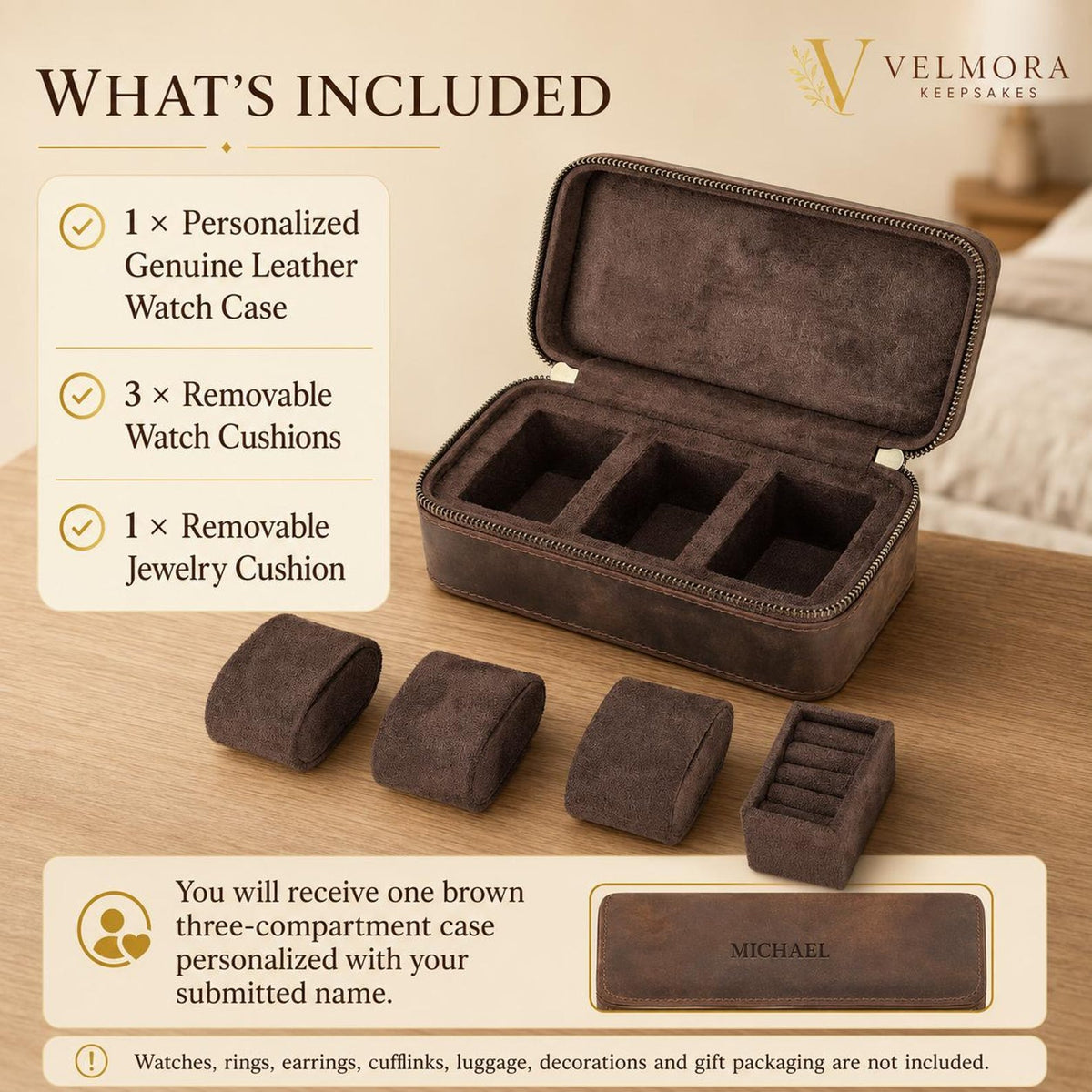 Personalized Genuine Leather Watch Case, Engraved Travel Organizer, 3 Slot Jewelry Holder, Anniversary Gift for Husband