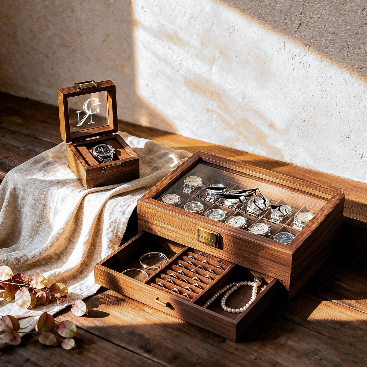 6/8/12 Slots Personalized Solid Walnut Watch Box with Drawer, Custom Initials Watch Organizer, Gifts for Groomsmen, Dad, Husband,Anniversary