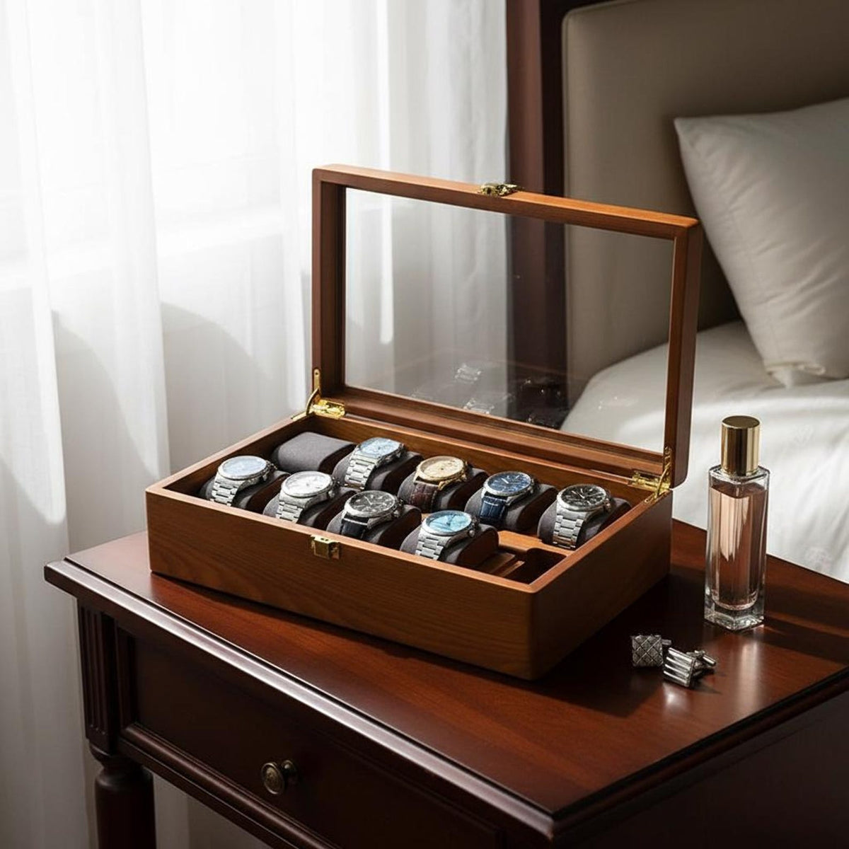 Wooden Watch Box 10 Slot Watch Organizer Case, Glass Display Watch Storage Box, Men's & Women's Watch Holder, Gift for Watch Lover