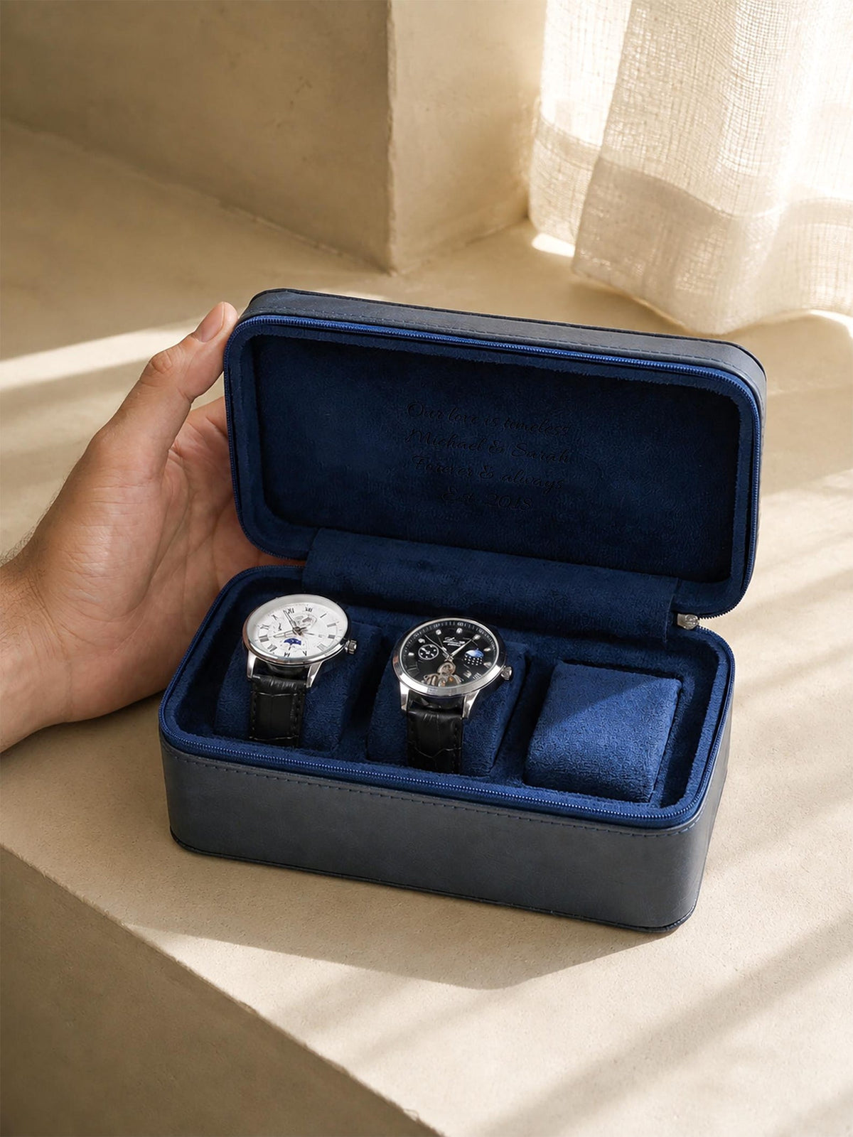 Personalized Leather Watch Box for Men, 3 Slot Travel Watch Case, Custom Initials & Interior Engraving, Husband Dad Gift