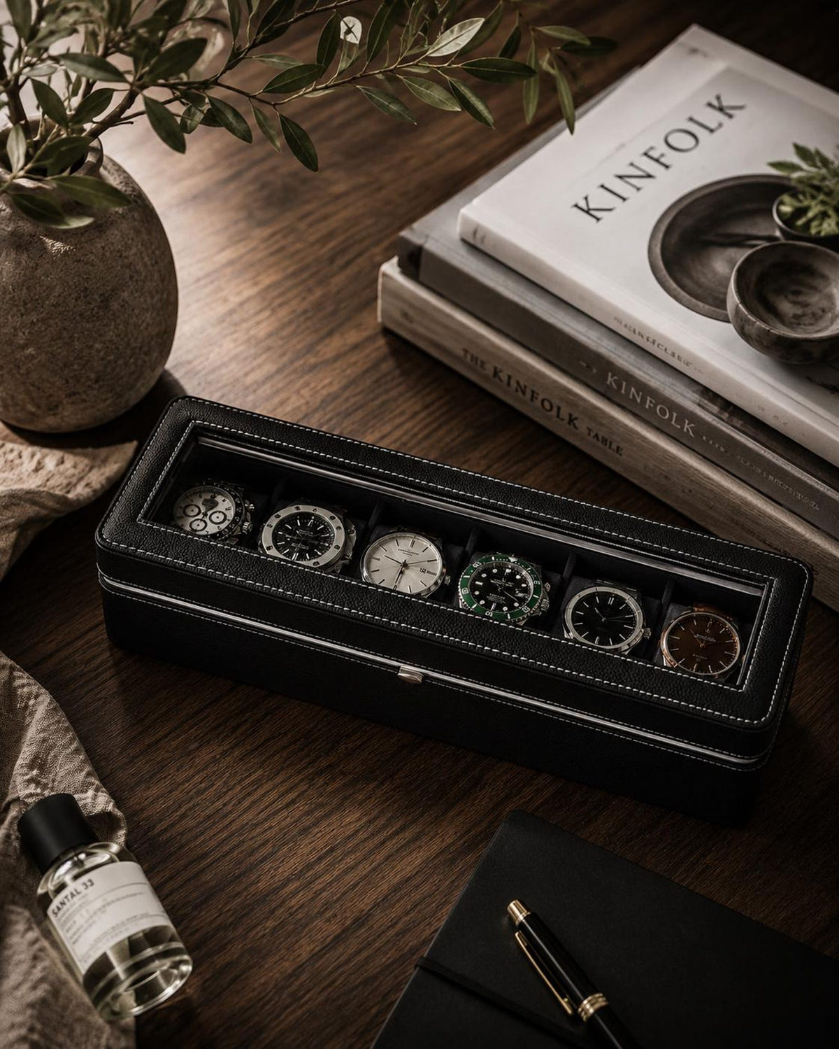 6 Slot Watch Box, PU Leather Watch Display Case, Glass Top Organizer, 4 Elegant Designs