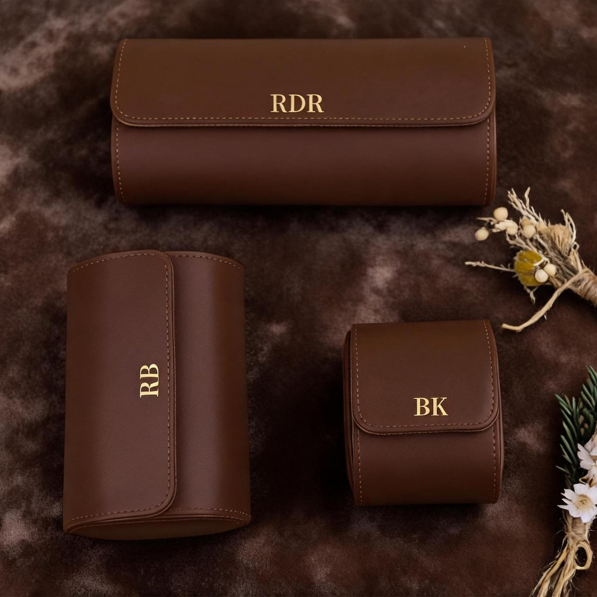 Personalized Vegan Leather Watch Case: Gold/Silver Initials, Velvet Lined Storage