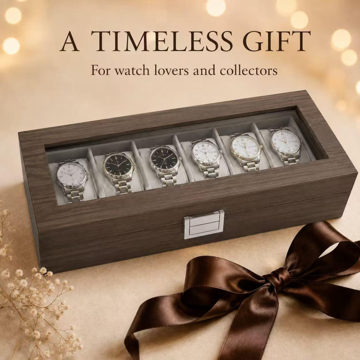 6 Slot Wooden Watch Box, Walnut Watch Display Case