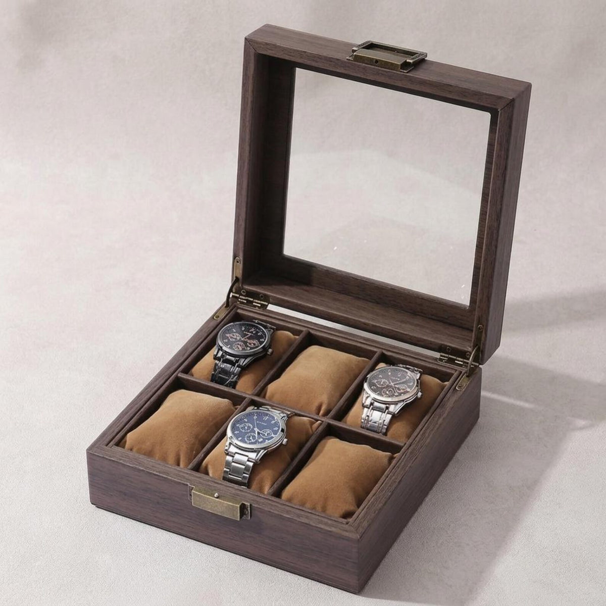 Luxury Wood‑Grain PU Leather Watch Box | 6‑Slot Men’s Watch Case | Premium Jewelry Storage Organizer | Gift for Him & Collectors
