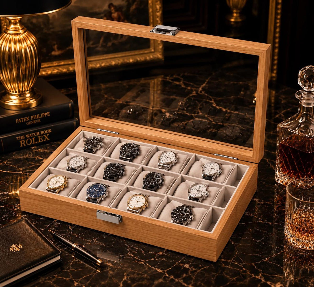 Wooden Watch Box with Glass Lid, 2 6 10 or 12 Slot Watch Organizer Display Case
