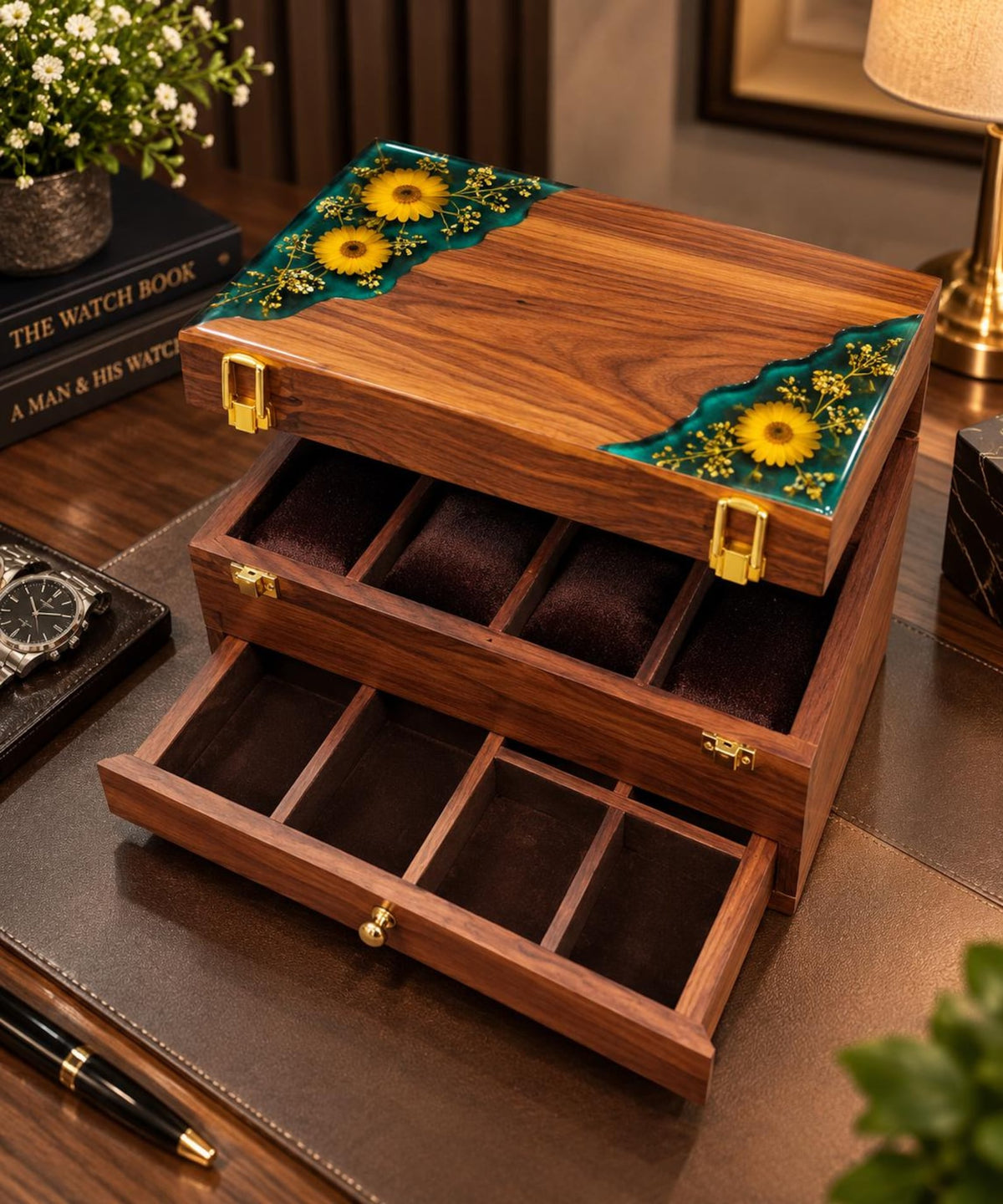 Personalized Rosewood Watch Box, Floral Resin Watch Organizer, Luxury Anniversary Gift for Him