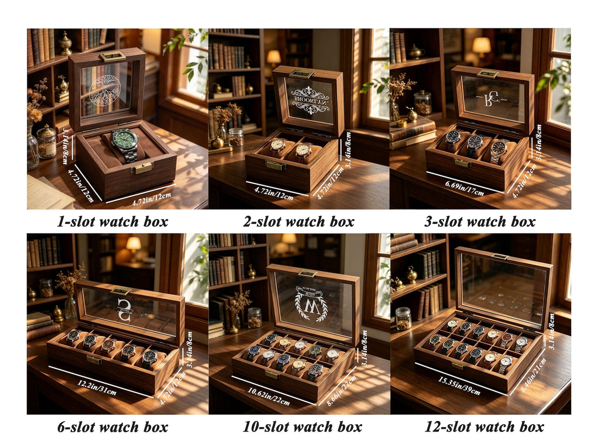 Personalised Watch Box for 1 2 3 6 10 12 slot Watches Storage, Custom Watch Storage Jewelry Box for Men