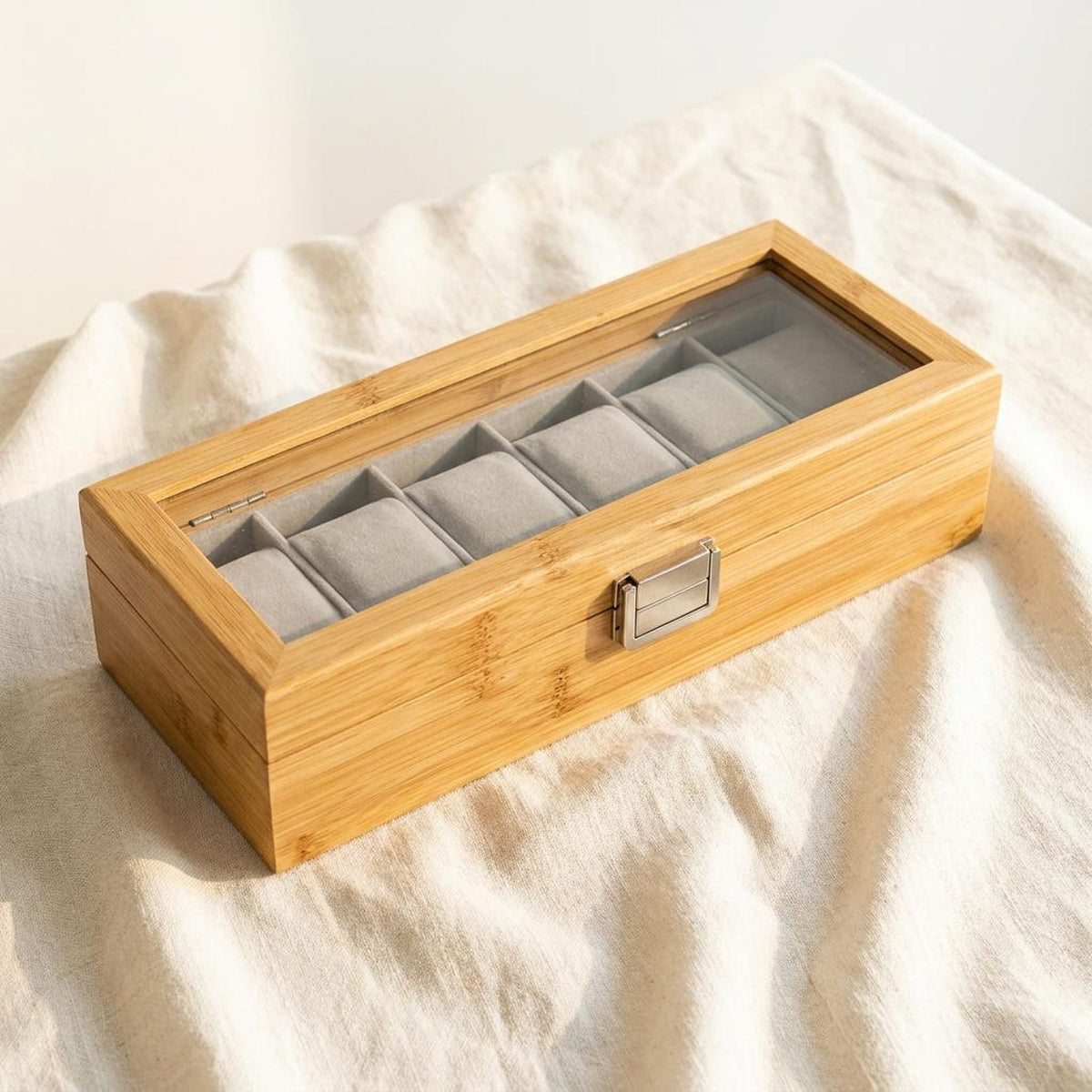 Bamboo Watch Box Display Case with Glass Lid, Wooden Watch Organizer for Men, 6 Slot Watch Storage Box Gift