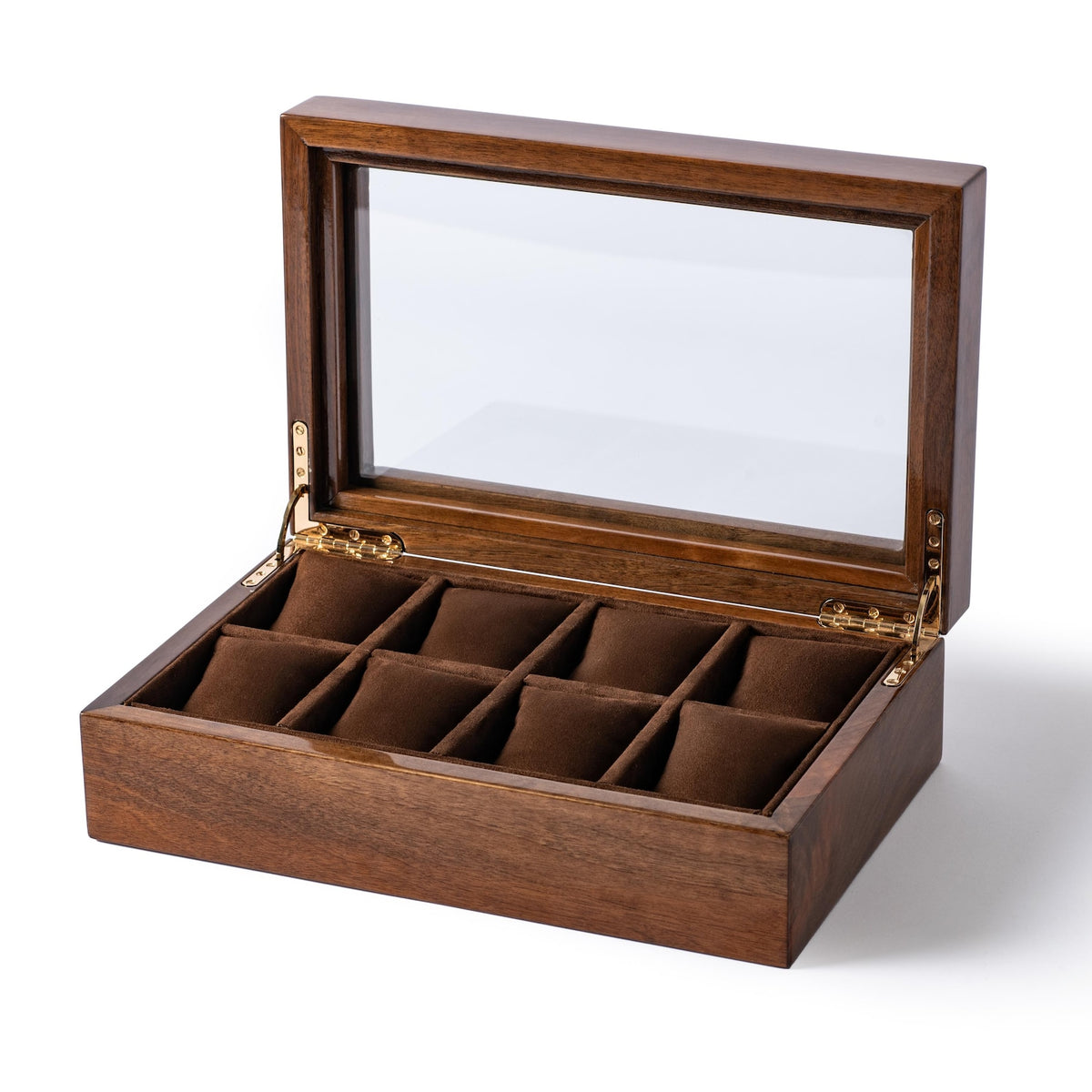 Solid Walnut Watch Box, 8-Compartment Display Case with Glass Lid