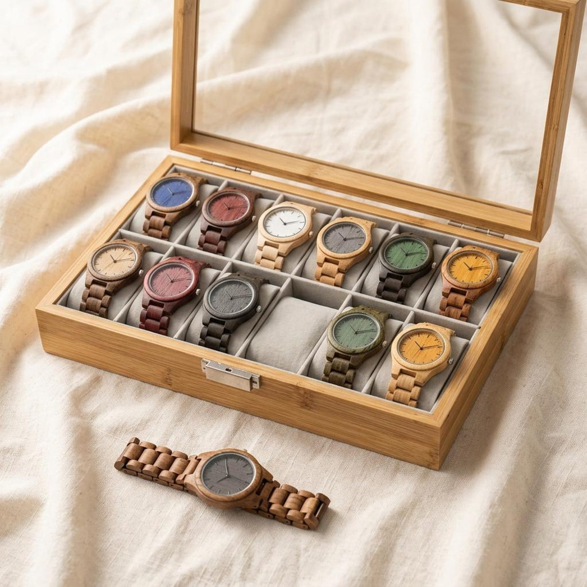 Bamboo Watch Box Organizer with Glass Lid, 12 Slot Watch Display Case, Wooden Jewelry Storage Box Gift for Men