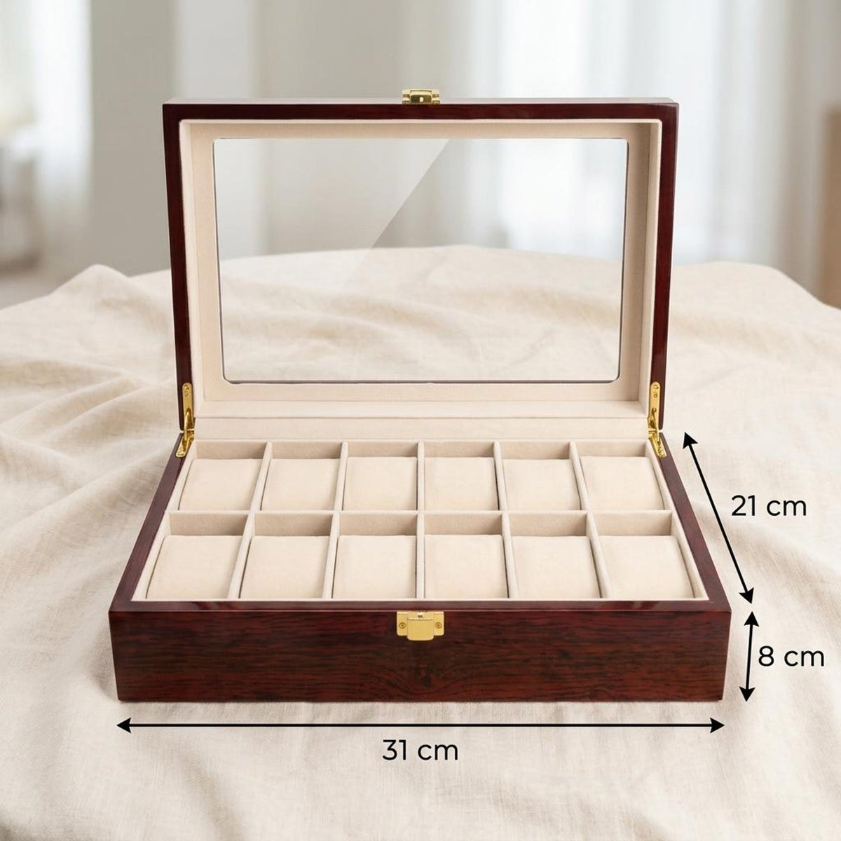 Wooden Watch Box Organizer 12 Slots with Glass Lid, Large Luxury Watch Storage Case for Men, Display Watch Box Gift