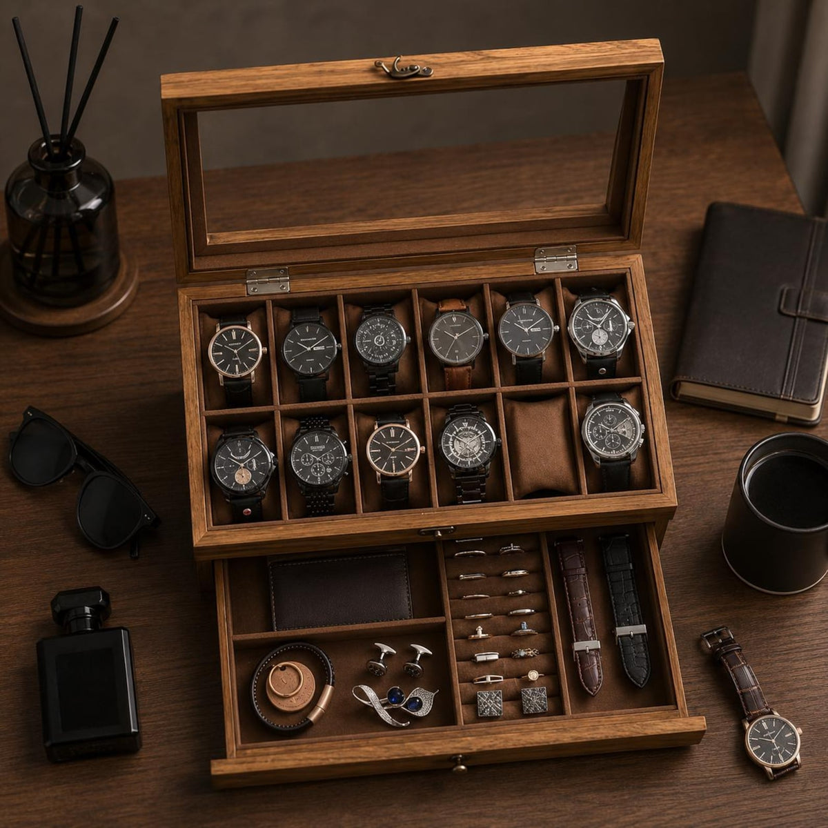 Wooden Watch Box Organizer for Men, Watch Display Case, 12 Slot Glass Top Watch Jewelry Organizer, Storage Box Organizer Gift For Him