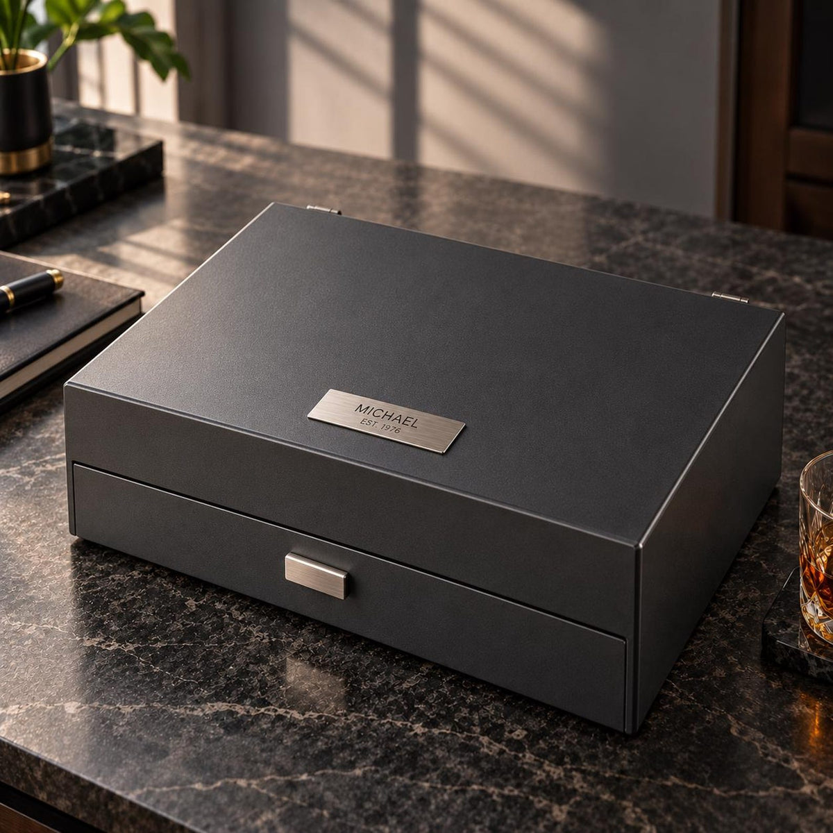 Personalized Steel Watch Box with Drawer, 8-Slot Anthracite Watch Case