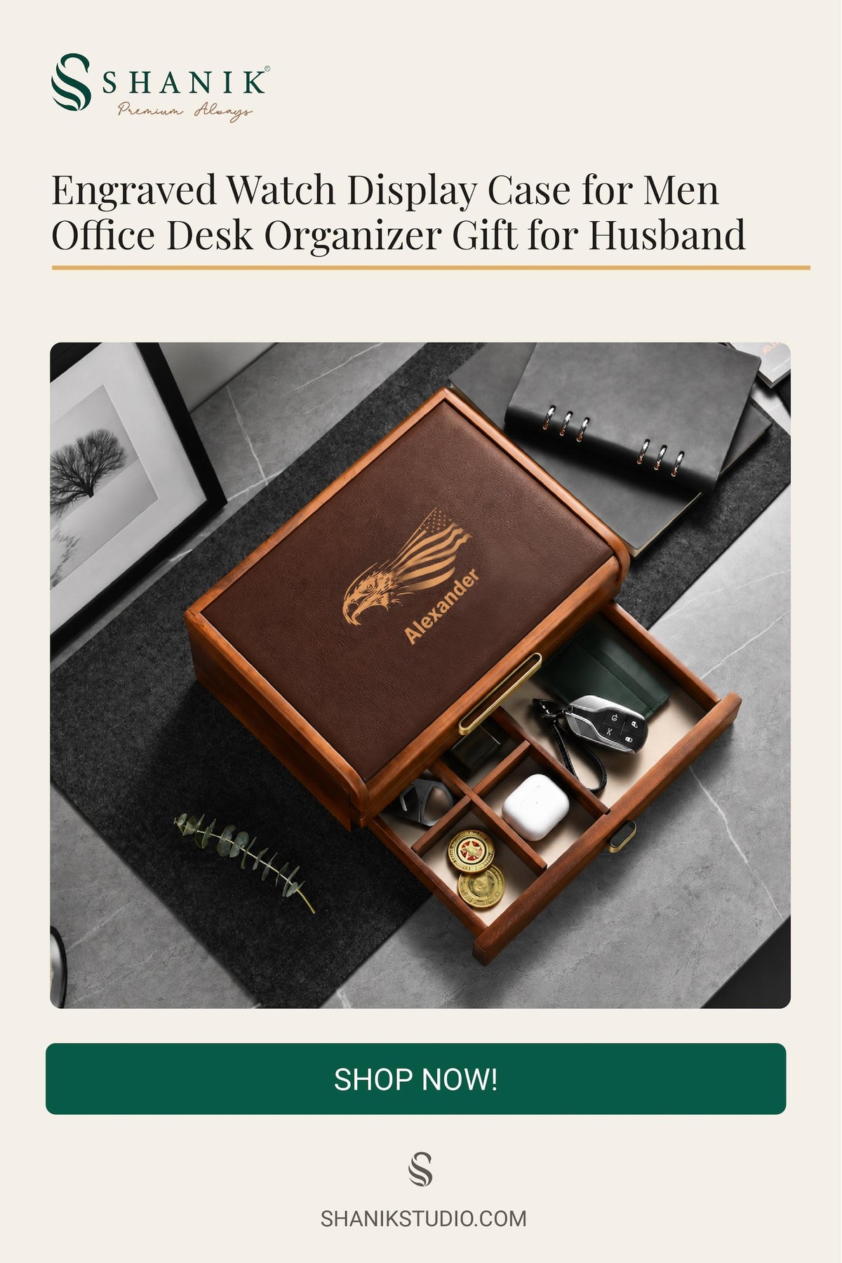 Wooden Watch Box with Drawer Leather Lid Closet Organization Acacia Valet Tray for Men Minimalist Nightstand Organizer Engraved Display Case