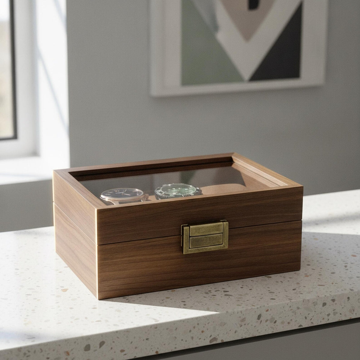 Walnut Wooden Watch Box with Glass Lid for Men's Watches