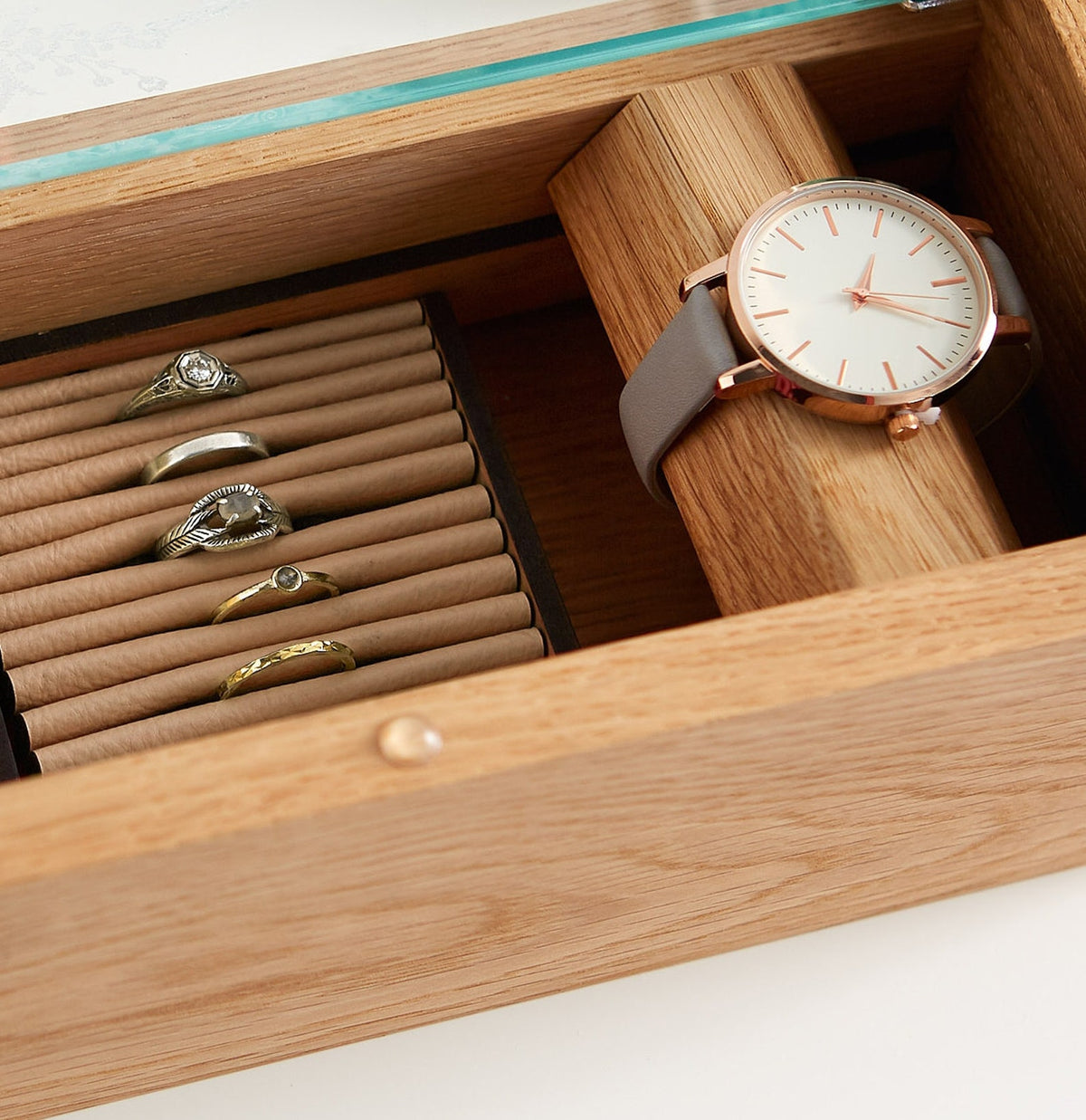 Personalised Etched Glass Cufflink & Watch Box, Solid Oak Jewellery Storage