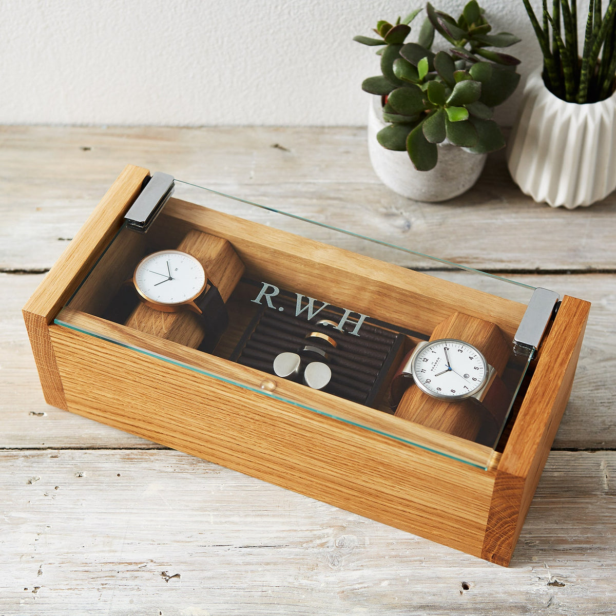 Personalised Etched Glass Cufflink & Watch Box, Solid Oak Jewellery Storage