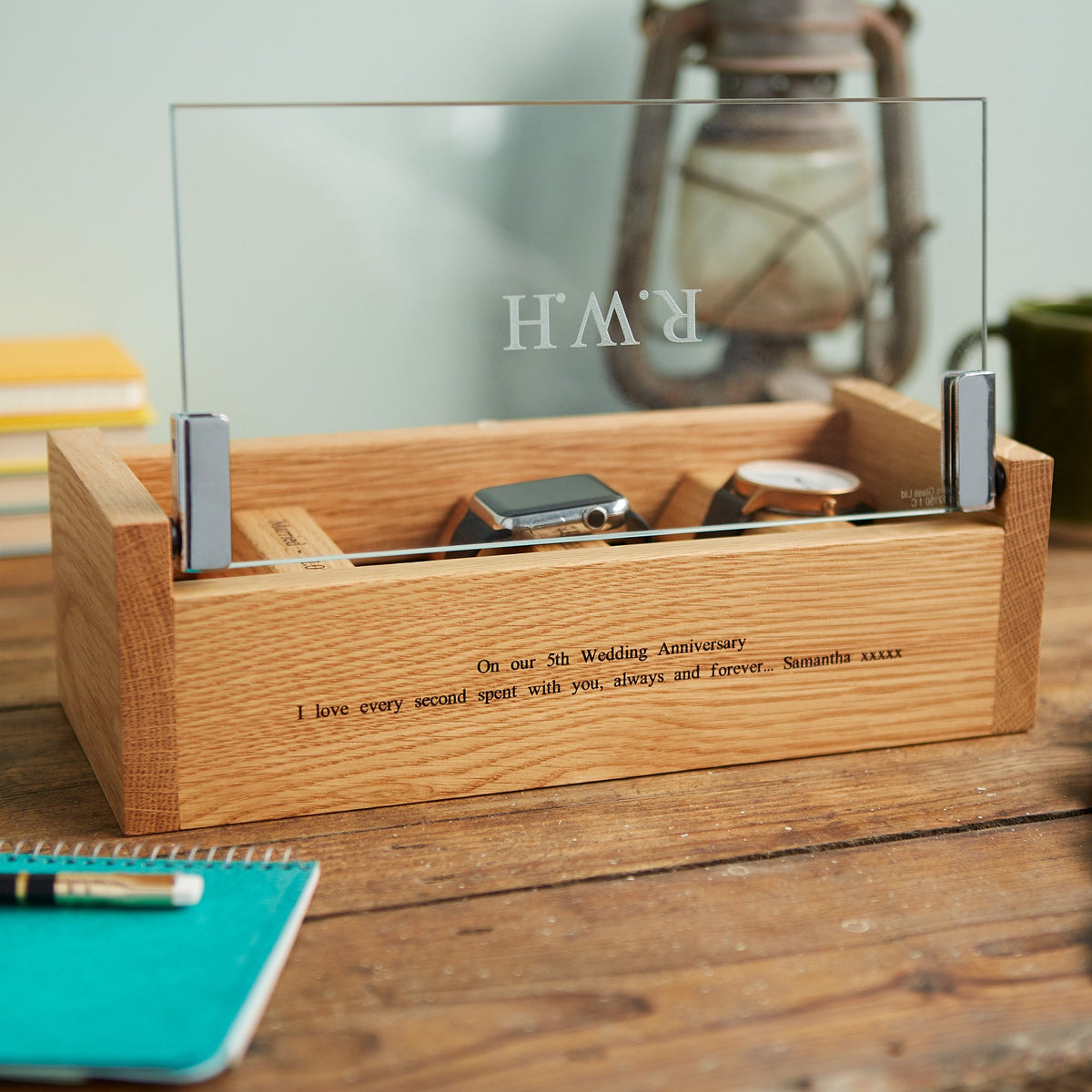 Personalised Etched Glass Cufflink & Watch Box, Solid Oak Jewellery Storage
