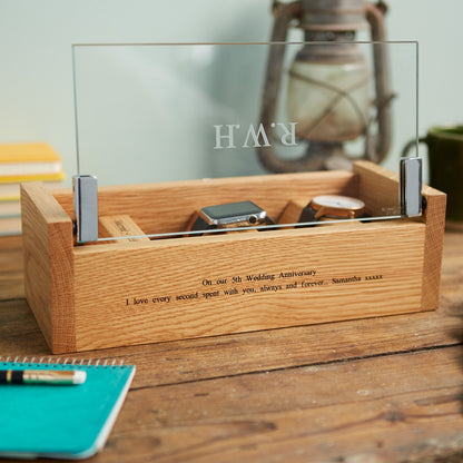 Personalised Etched Glass Cufflink & Watch Box, Solid Oak Jewellery Storage
