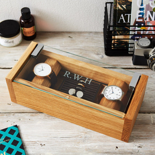 Personalised Etched Glass Cufflink & Watch Box, Solid Oak Jewellery Storage