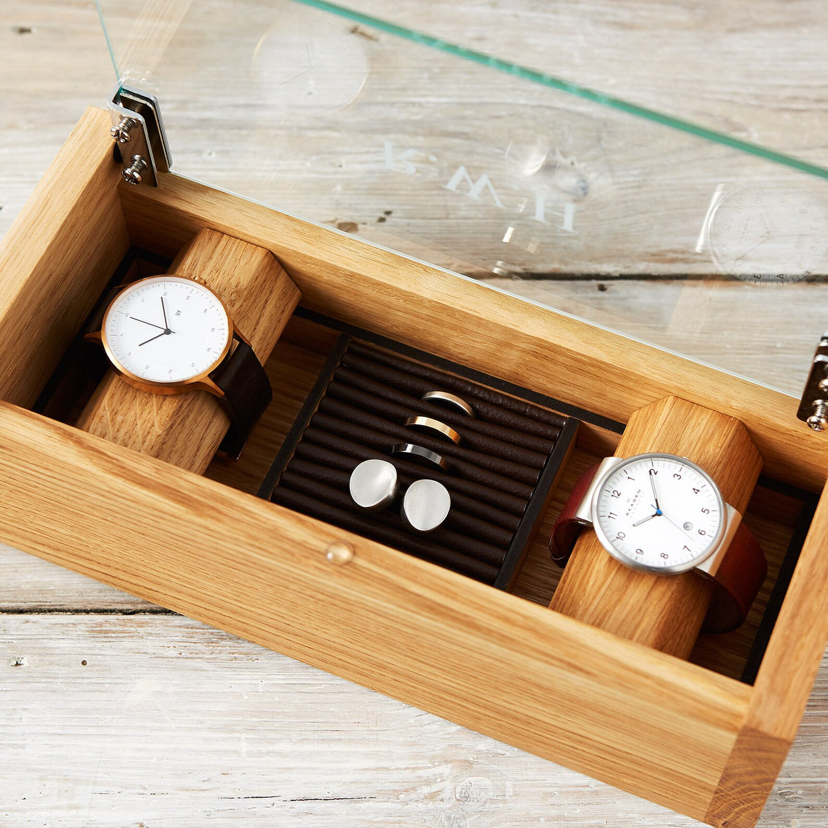 Personalised Etched Glass Cufflink & Watch Box, Solid Oak Jewellery Storage