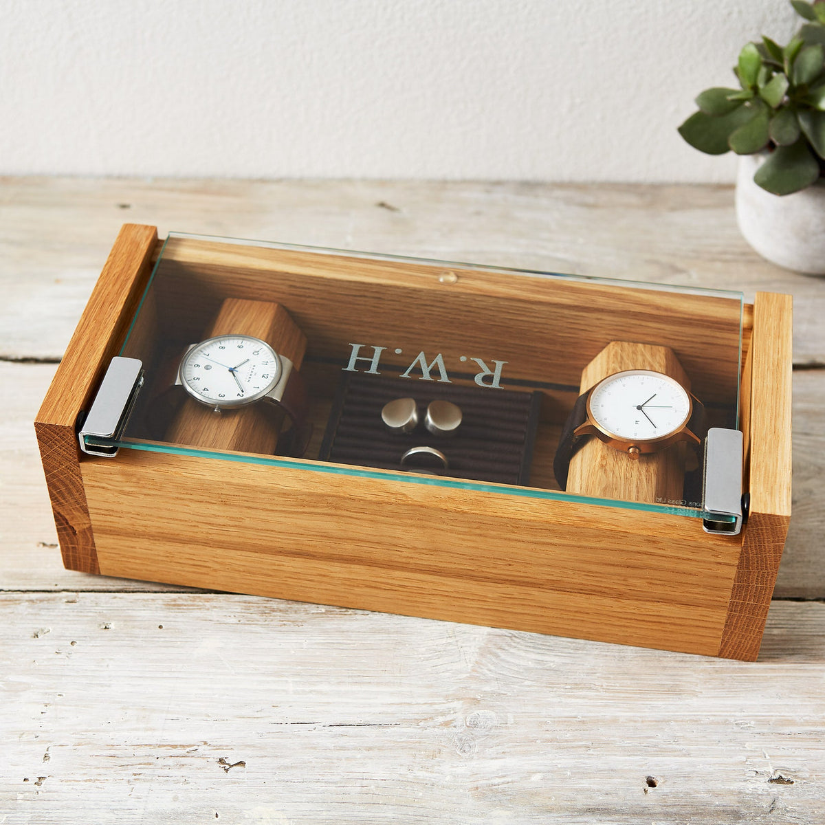 Personalised Etched Glass Cufflink & Watch Box, Solid Oak Jewellery Storage
