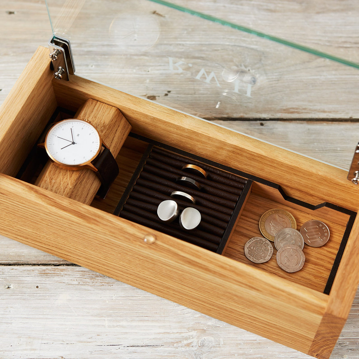 Personalised Etched Glass Cufflink & Watch Box, Solid Oak Jewellery Storage