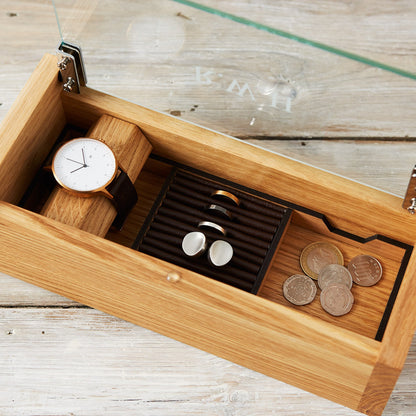 Personalised Etched Glass Cufflink & Watch Box, Solid Oak Jewellery Storage