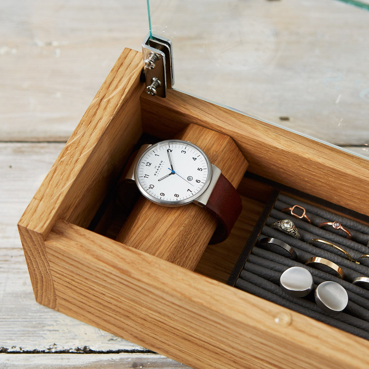 Personalised Etched Glass Cufflink & Watch Box, Solid Oak Jewellery Storage