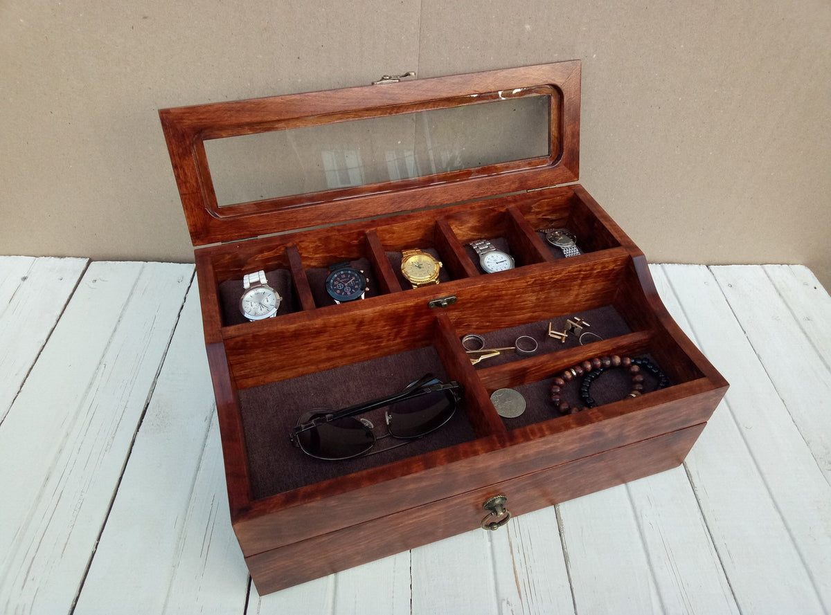 Men's Valet, Watch Case, Valet Box, Watch Box for Men, Boyfriend Gift -Men's Valet Box for 5 watches with Drawer , Men's Watch Box,