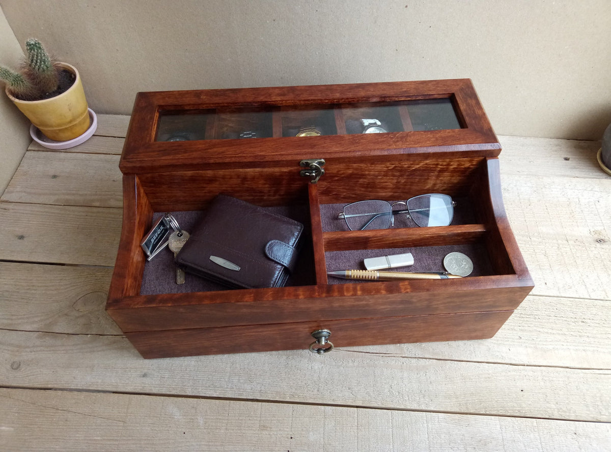 Men's Valet, Watch Case, Valet Box, Watch Box for Men, Boyfriend Gift -Men's Valet Box for 5 watches with Drawer , Men's Watch Box,