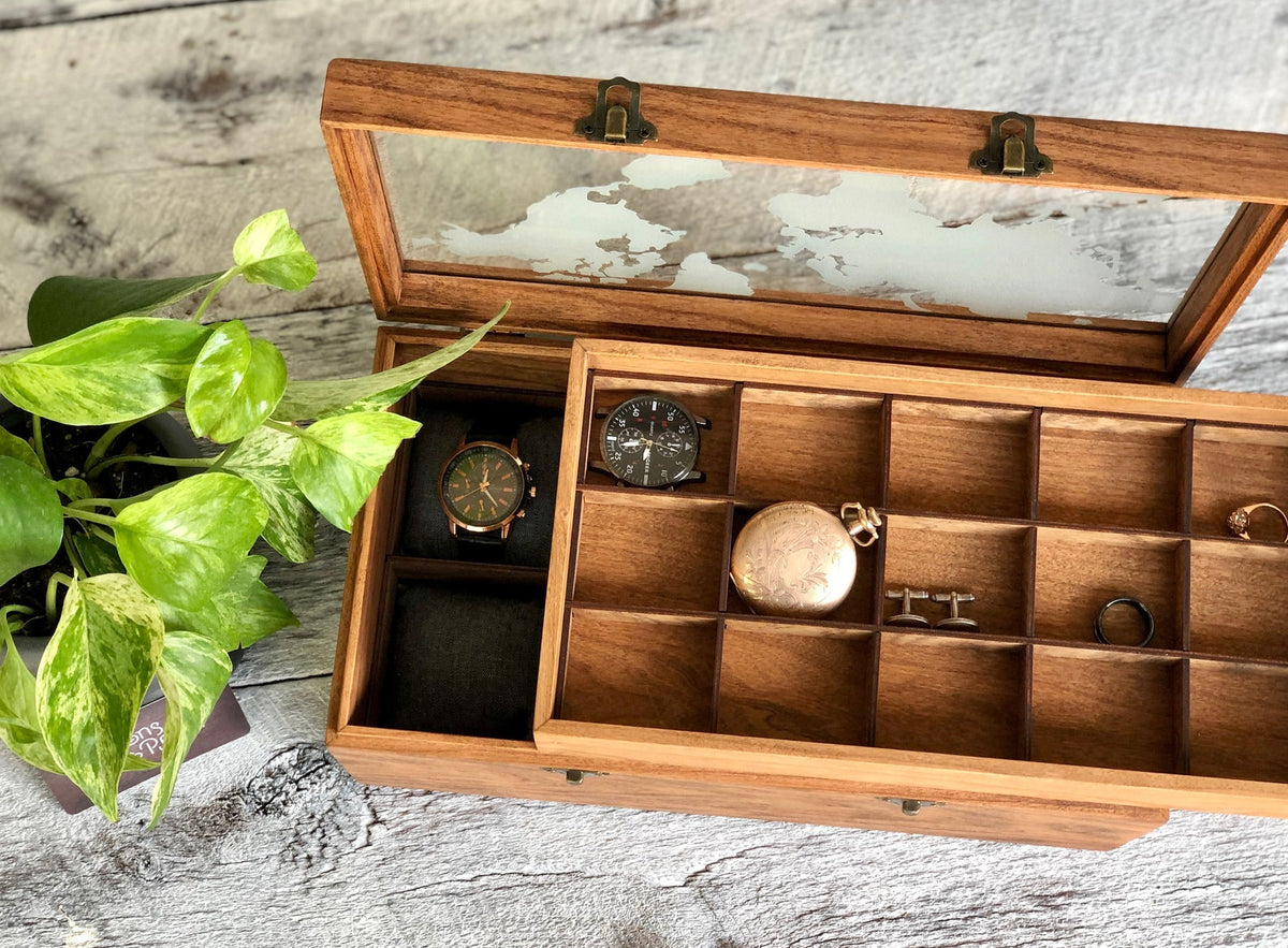 Handmade Wood Watch Box: Glass Top, Valet Tray & Cufflink Storage