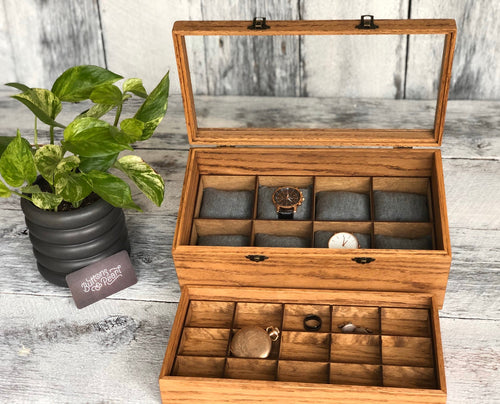 Handmade Wood Watch Box: Glass Top, Valet Tray & Cufflink Storage