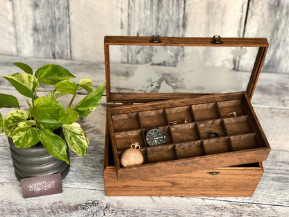 Handmade Wood Watch Box: Glass Top, Valet Tray & Cufflink Storage