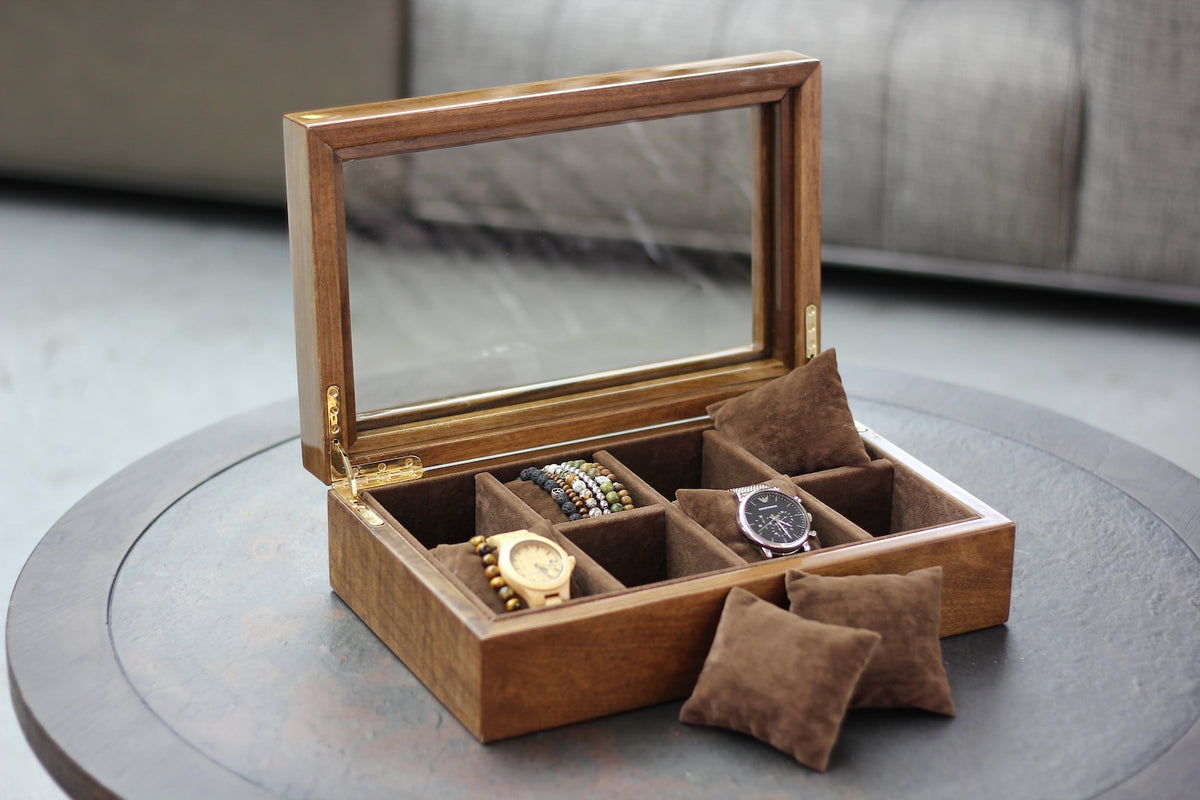 Solid Walnut Watch Box, 8-Compartment Display Case with Glass Lid